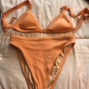 High waisted orange swim suit. Full set